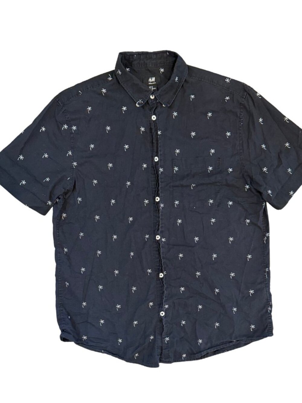 H&M Black Palm Tree Button Up Collared Shirt Size Medium